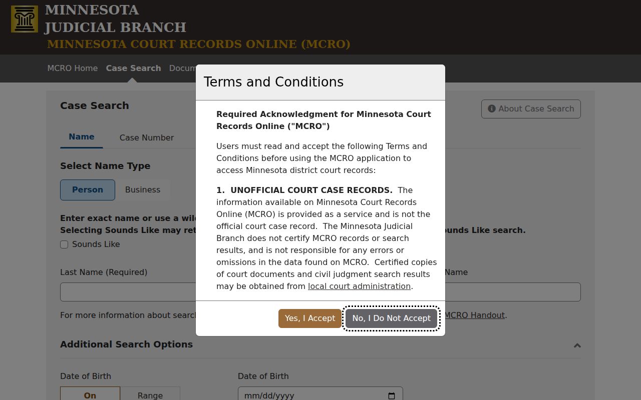 Dodge County warrant records source showing the Minnesota Court Records Online search tabs