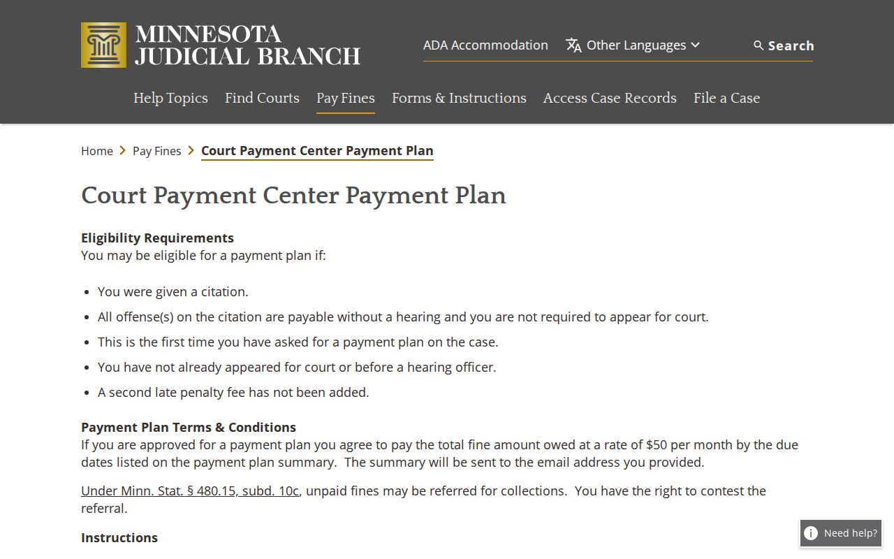 Dodge County warrant records source showing the Minnesota court payment plan request page