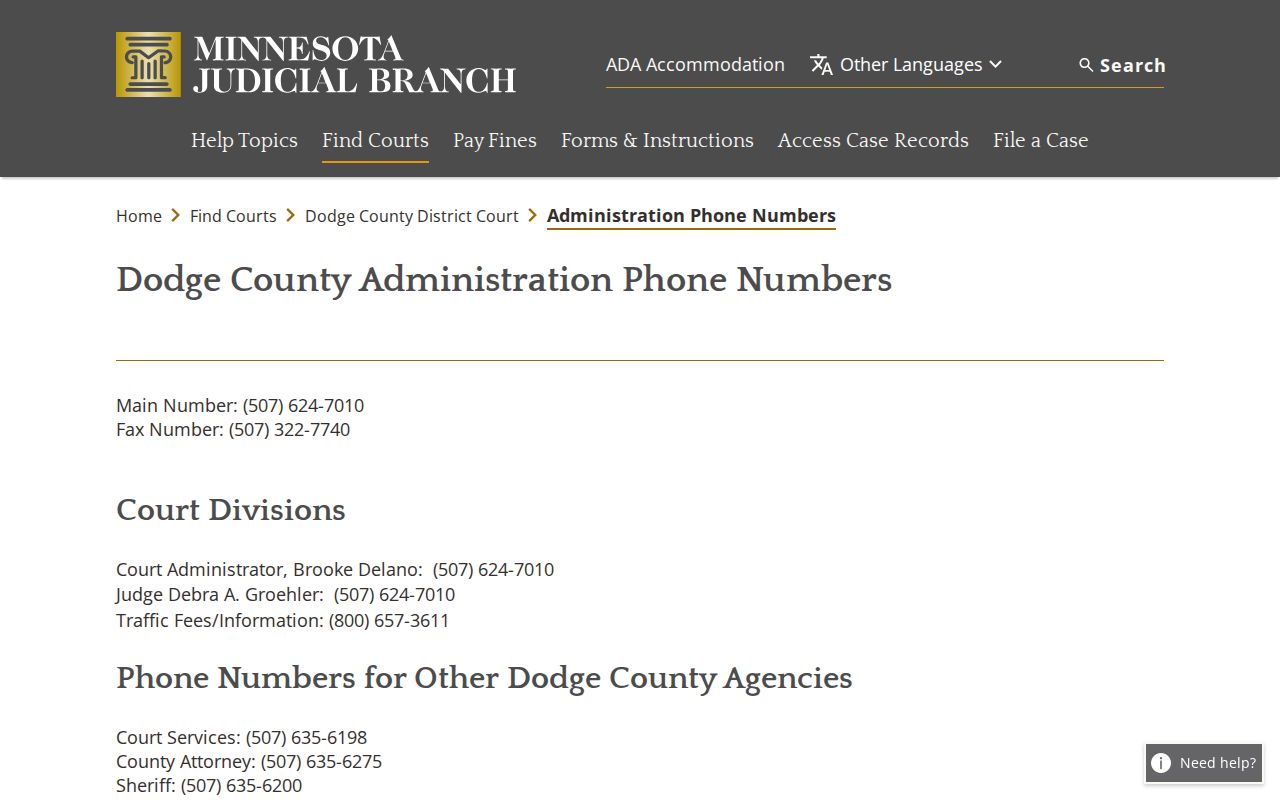 Dodge County warrant records source showing the county court, sheriff, jail, and traffic contact table