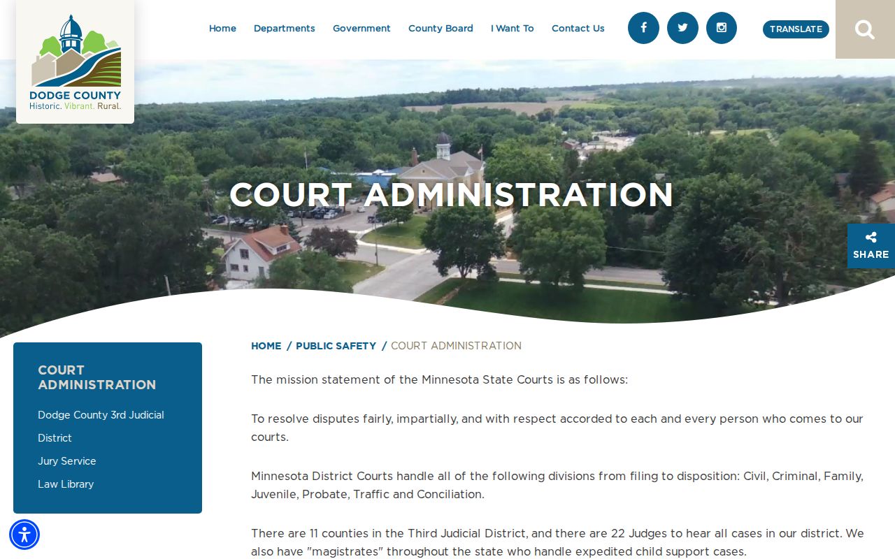 Dodge County warrant records source showing the Court Administration page