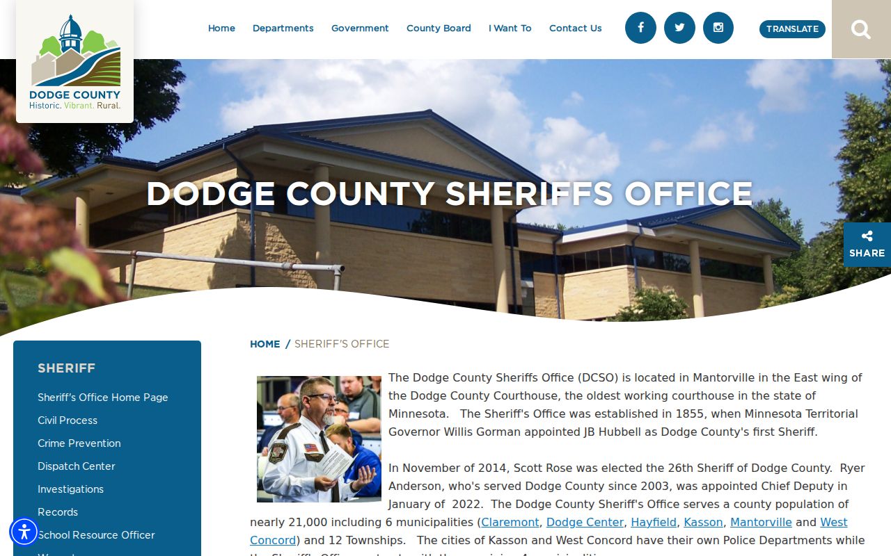 Dodge County warrant records source showing the Sheriff's Office page