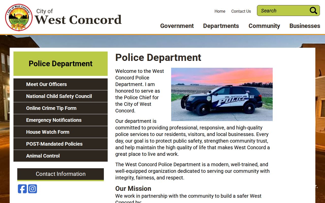 West Concord warrant records source showing the city police department page for Dodge County