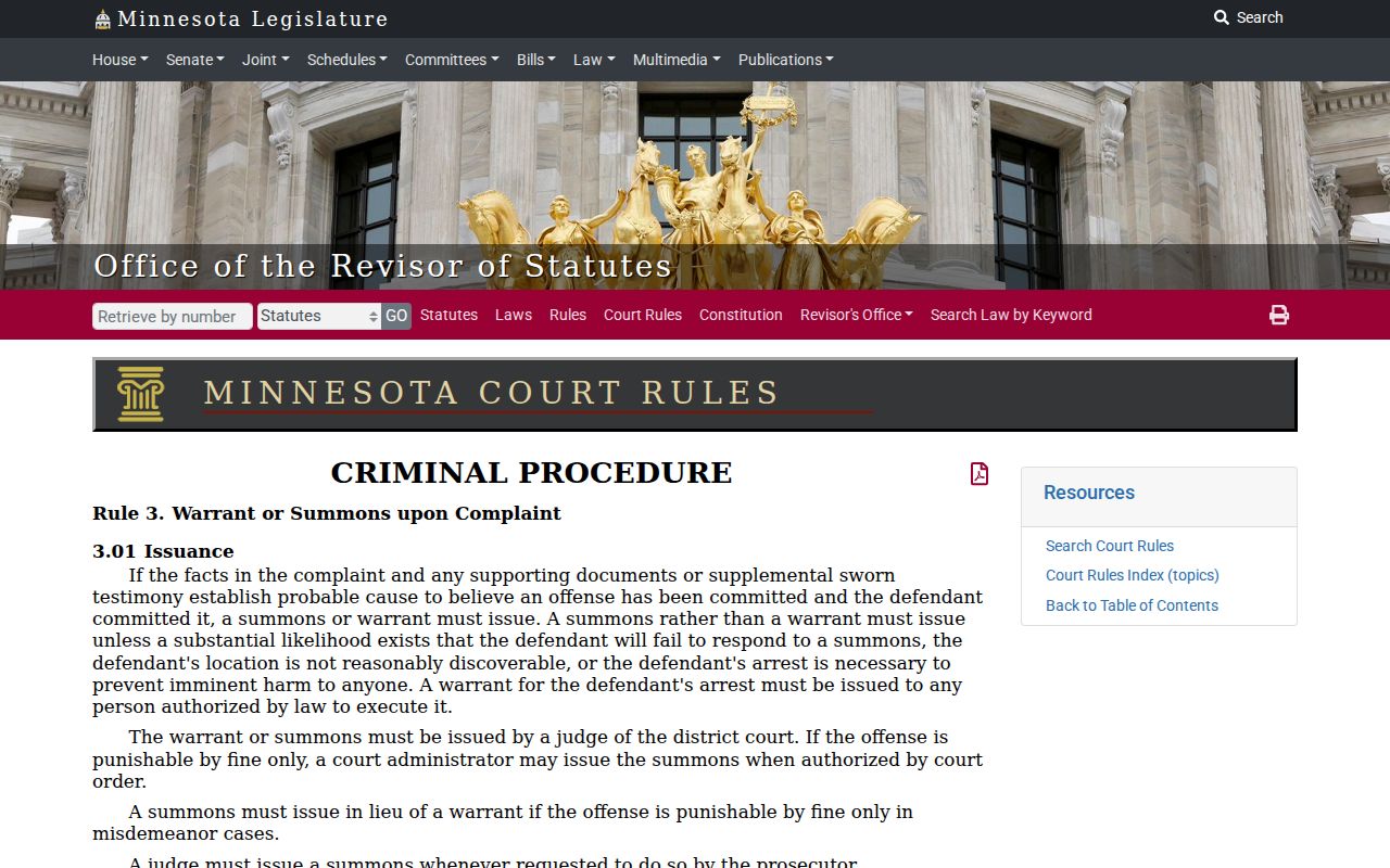 Dodge County warrant records source showing the Minnesota Rule 3 warrant issuance page