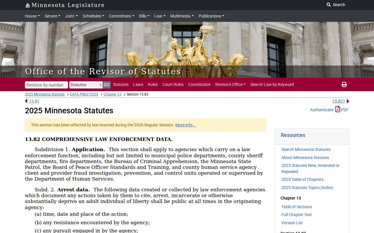 Dodge County warrant records source showing the Minnesota statute on arrest warrant index confidentiality