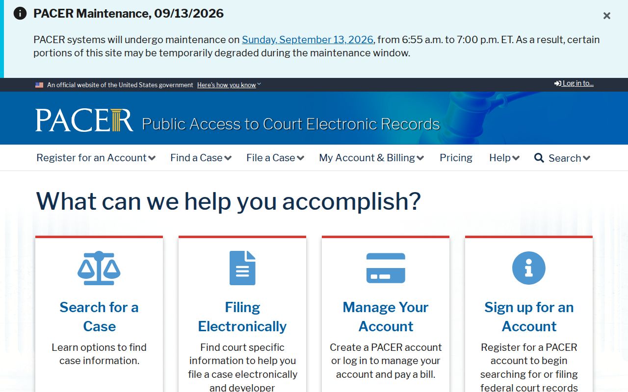 Dodge County warrant records source showing the federal PACER docket search page