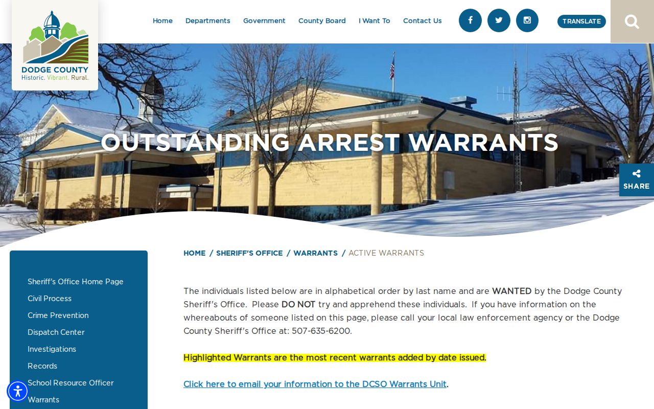 Dodge County warrant records source showing the official active warrant list page