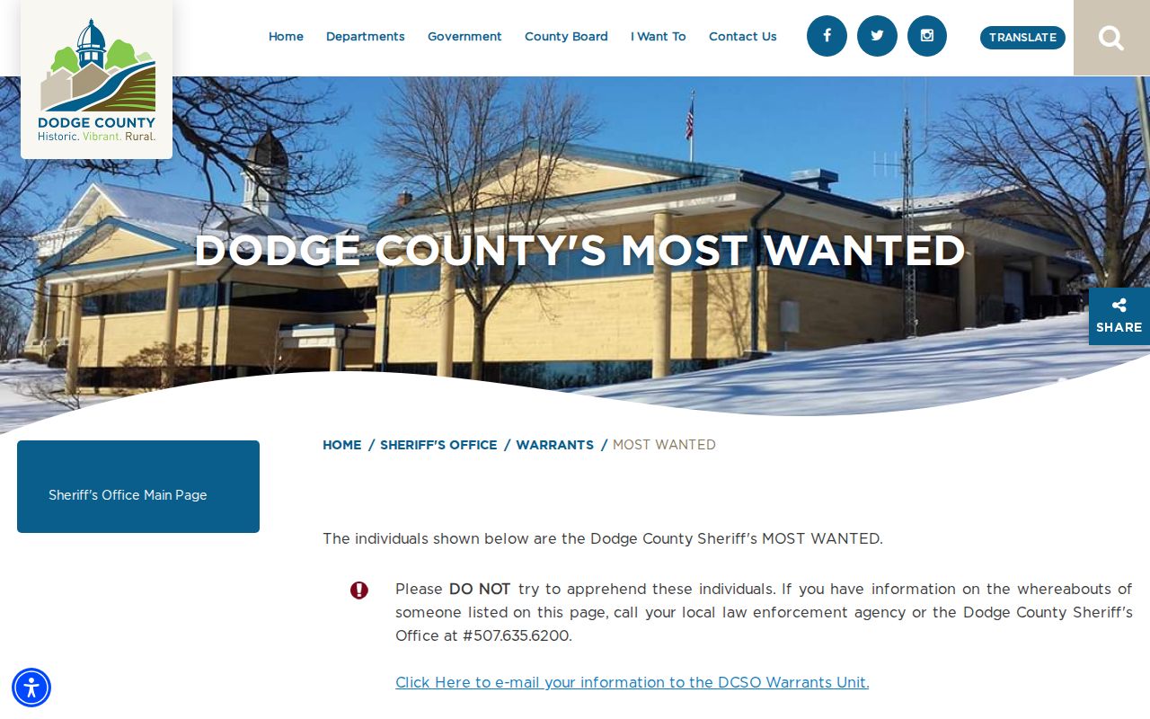 Dodge County warrant records source showing the official Most Wanted program page