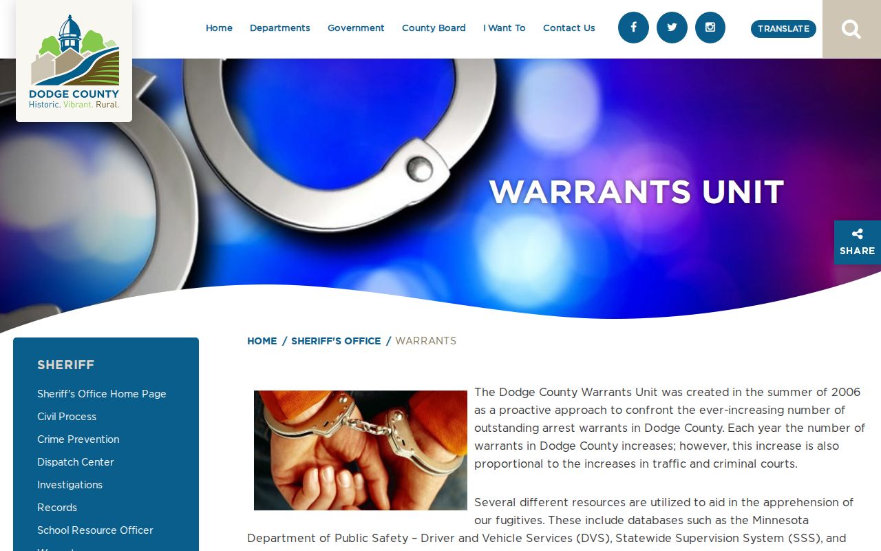 Dodge County warrant records source showing the Sheriff's Warrants Unit page